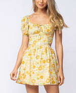 Short sleeve gold floral garden mini dress