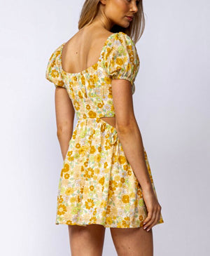 Short sleeve gold floral garden mini dress