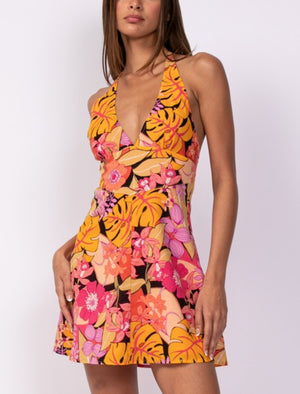 Tropical orange floral halter mini dress